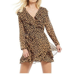 Free People Wrap Mini Dress Women Sz L Animal Leopard Print Casual Boho Festival